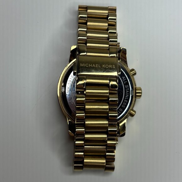 Michael Kors Cooper Gold Tone Stainless Steel Watch White Face Black MK5916 EUC